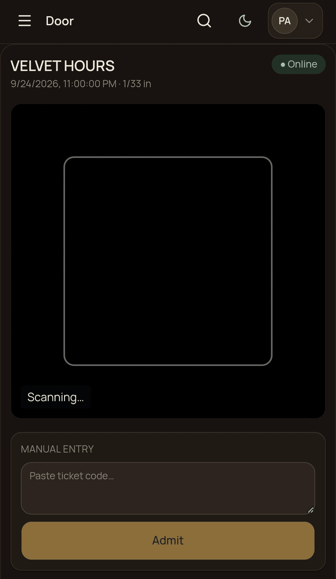 The Noctessa reservations inbox: the guest list for one night with names, party size, status and the search box.