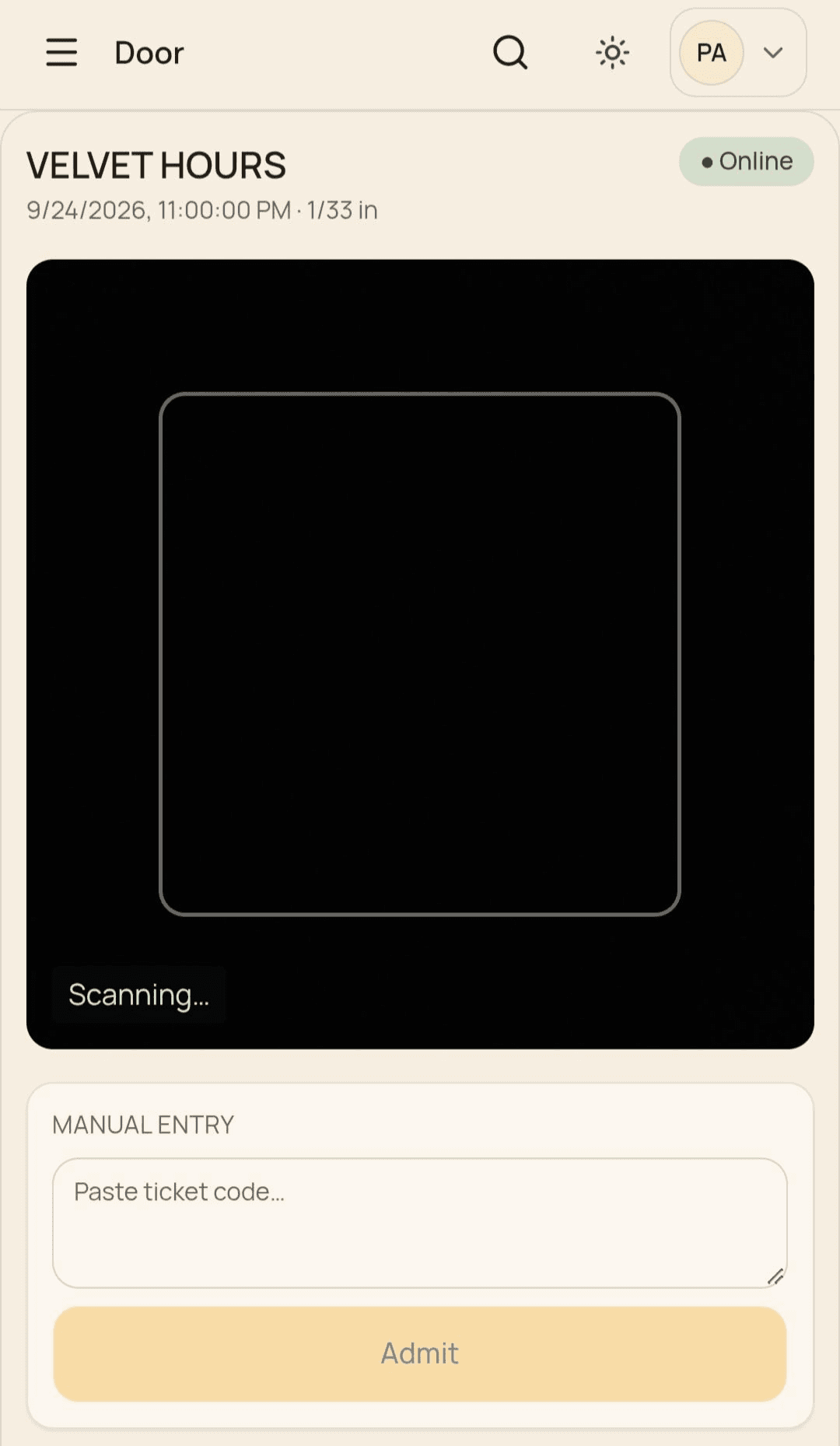 The Noctessa reservations inbox: the guest list for one night with names, party size, status and the search box.