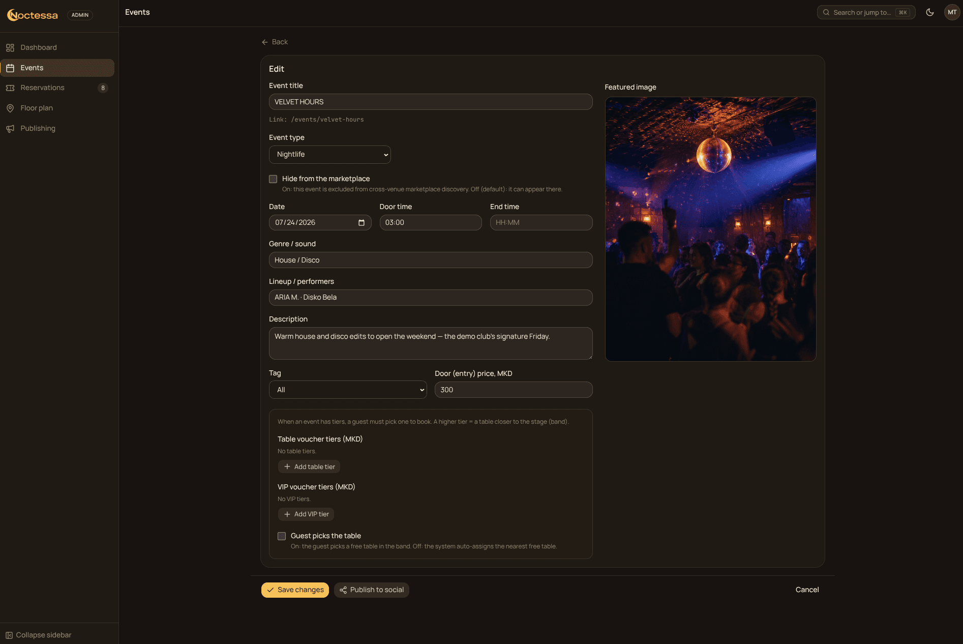 Noctessa event editor — date, lineup, door price and table tiers