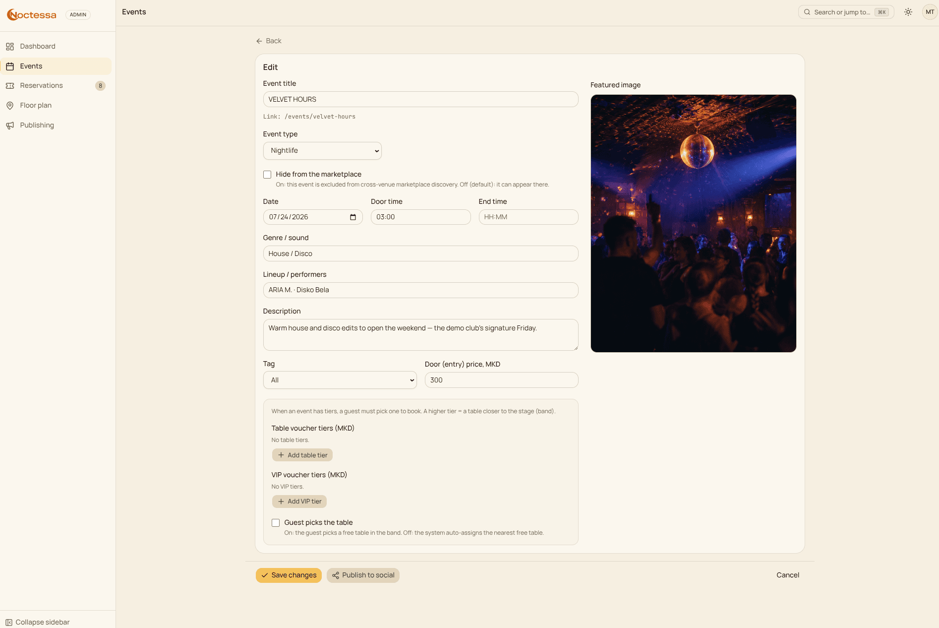 Noctessa event editor — date, lineup, door price and table tiers