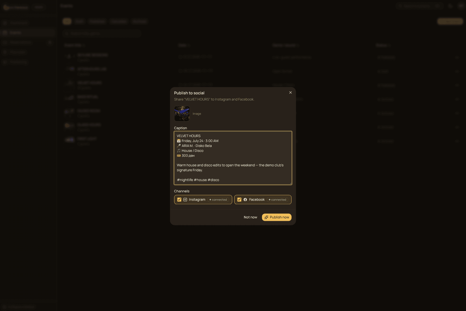 Noctessa dashboard for publishing to Instagram and Facebook