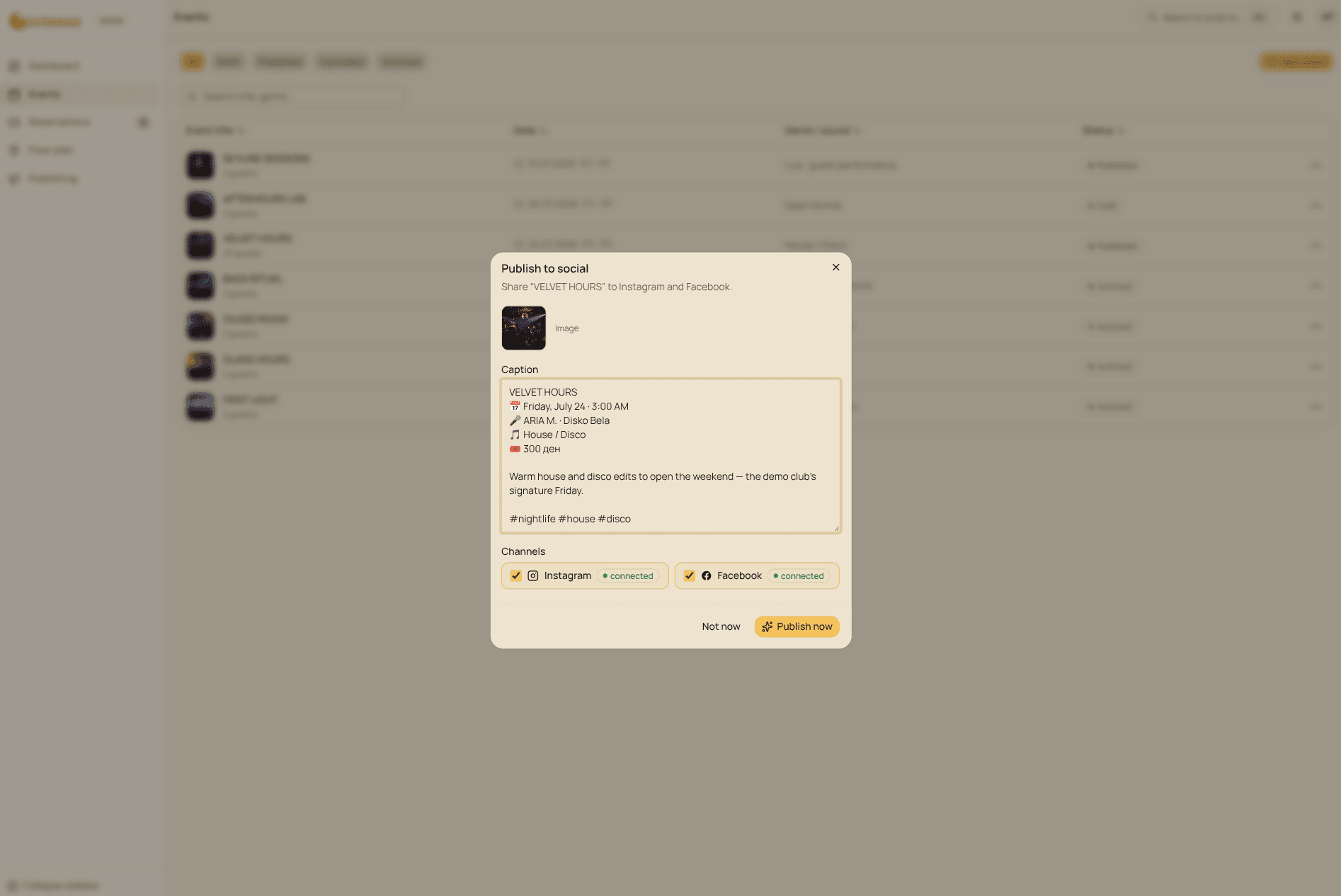 Noctessa dashboard for publishing to Instagram and Facebook
