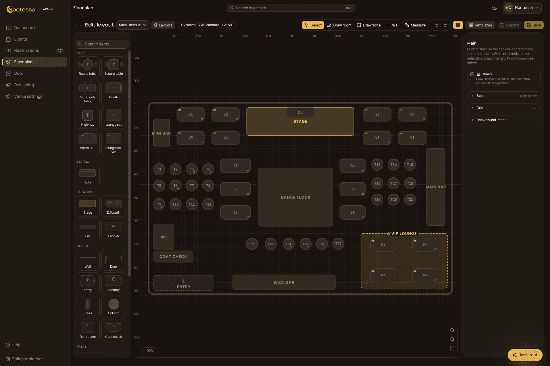 The Noctessa floor-plan editor showing a club layout: stage, bar, VIP area and numbered tables.