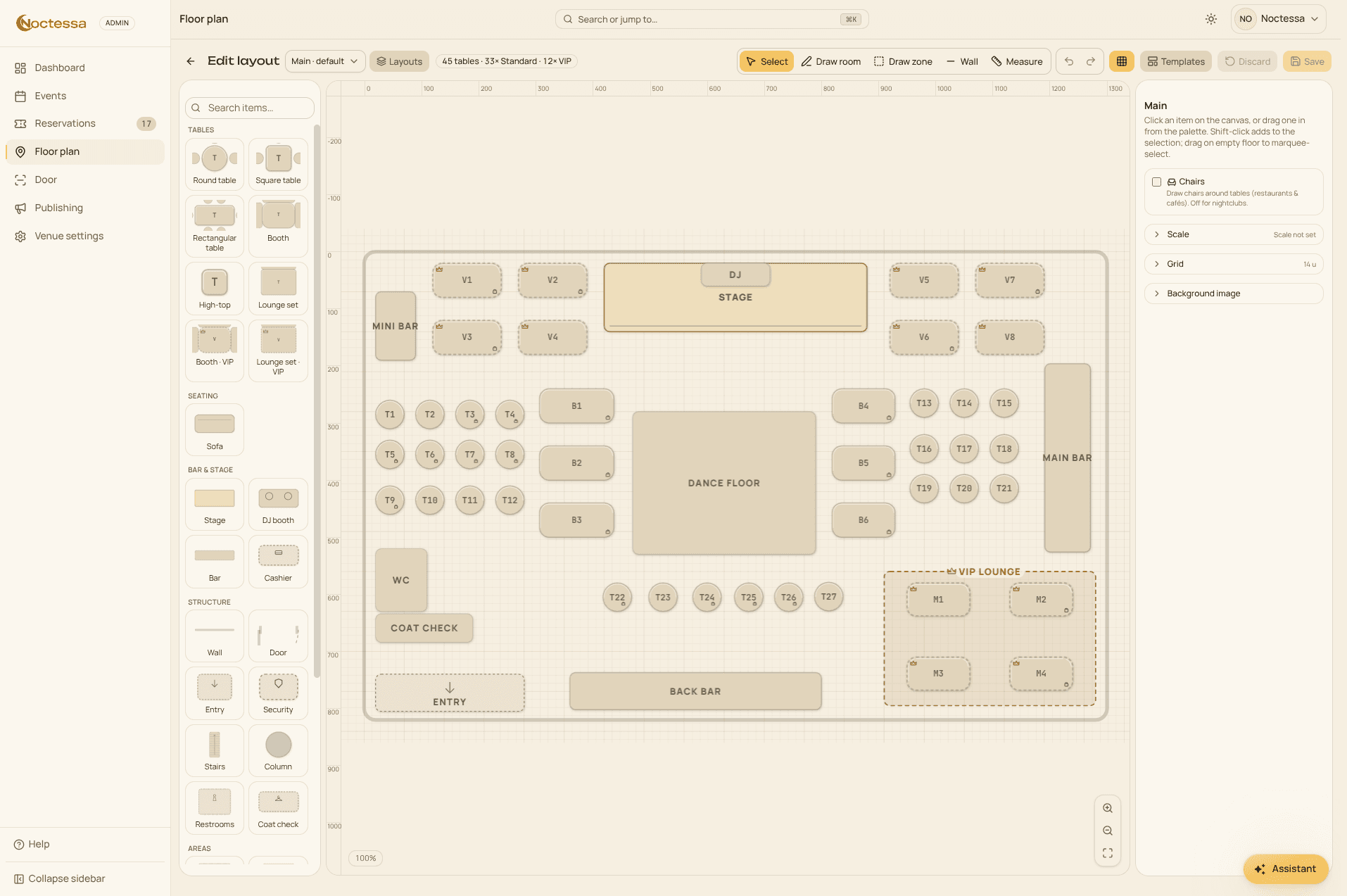 The Noctessa floor-plan editor showing a club layout: stage, bar, VIP area and numbered tables.