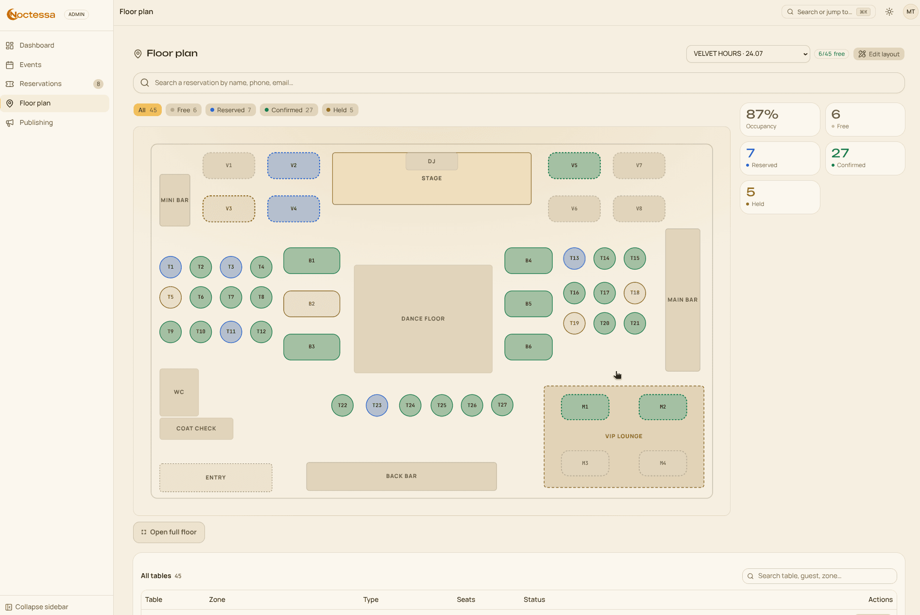 Noctessa live floor plan with tables colour-coded by status