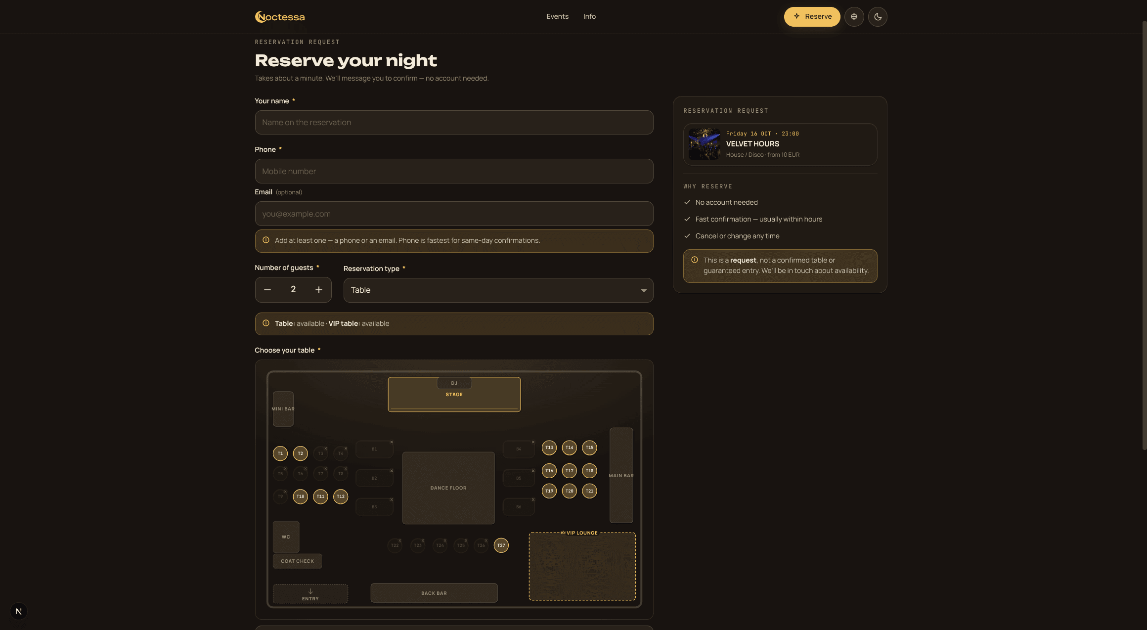 The public booking page a guest sees: the request form on the left, the night's summary on the right, and the venue's real floor plan to pick a table from.