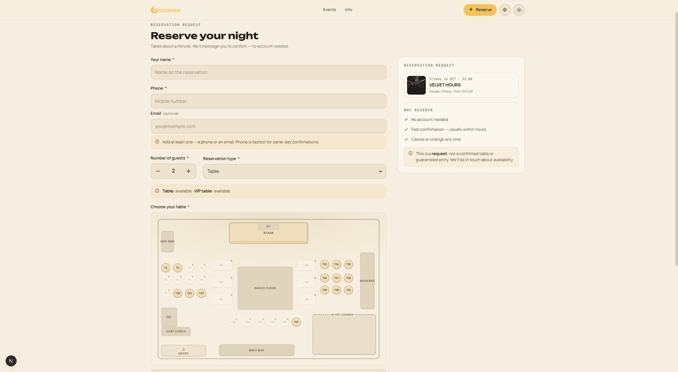 The public booking page a guest sees: the request form on the left, the night's summary on the right, and the venue's real floor plan to pick a table from.