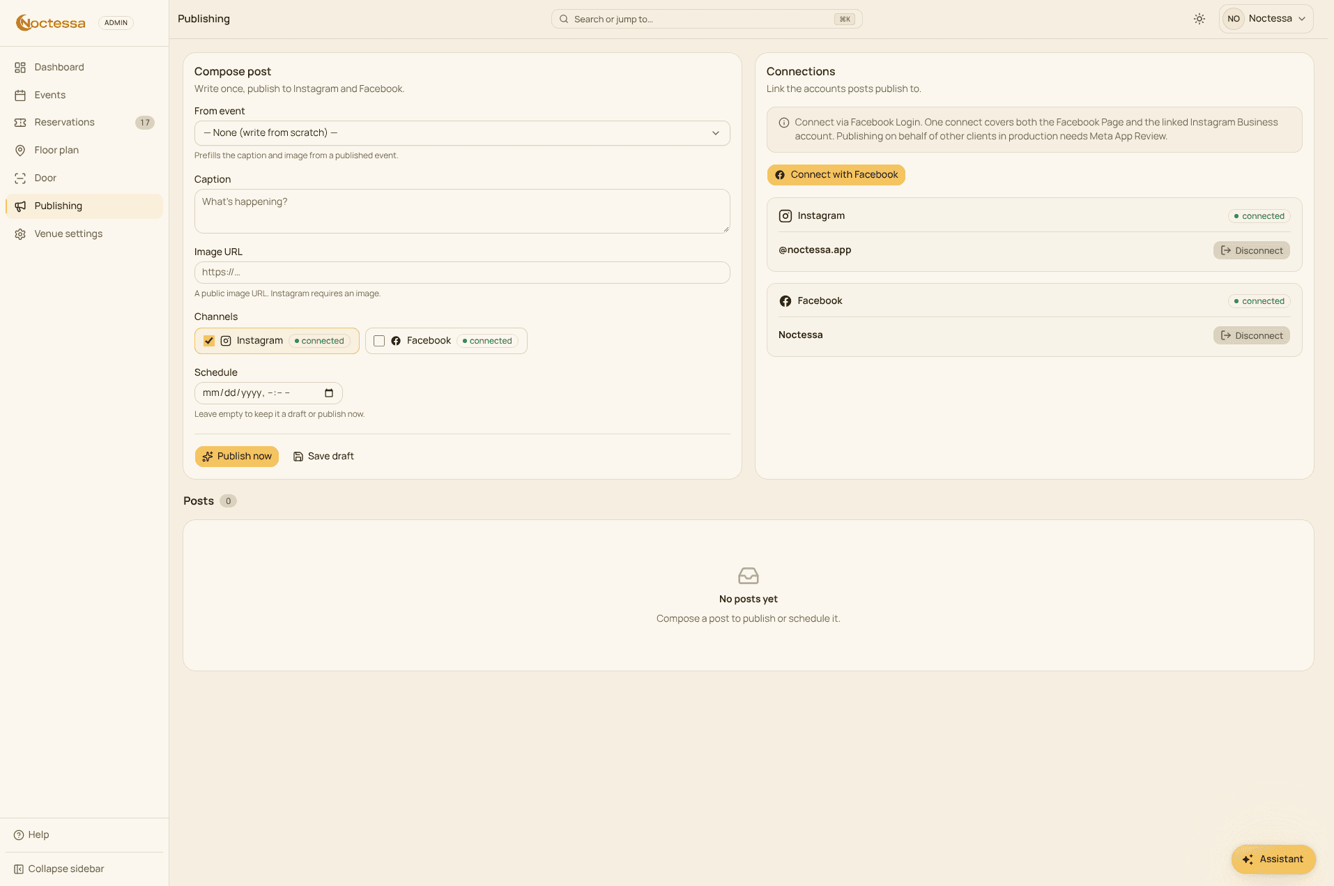 The Noctessa Publishing screen: the post composer on the left — event, caption, image, Instagram and Facebook channels, schedule — and the Connections panel on the right with Connect with Facebook and the linked Instagram and Facebook accounts.